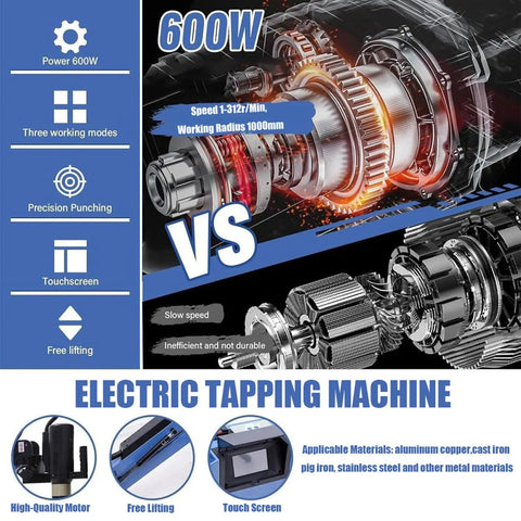 Wlikoci 600 Watt Electric Tapping Machine With 360 Degree Universal Cantilever Arm features a touchscreen and high-quality motor.