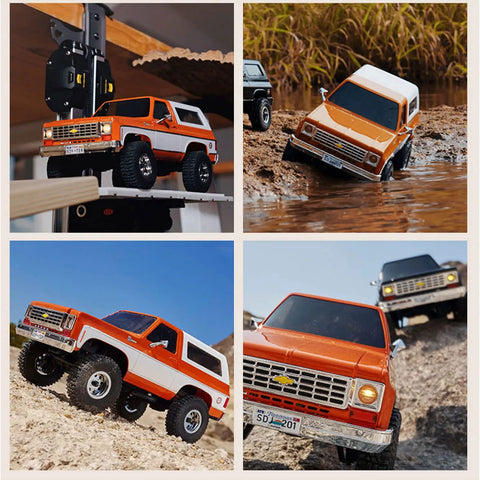 Collage featuring Two In One 1/24 Scale RC Crawler Chevy K5 Blazer Licensed Off Road 4x4 With LED Lights Brown on various terrains.