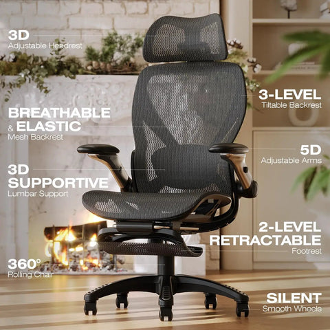 X100 Ergonomic Mesh Office Chair with Footrest featuring breathable mesh backrest and supportive lumbar in home office setting
