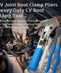 CV Joint Boot Clamp Pliers With Ratchet Adjust For Cars UTV ATV Repair, Heavy Duty Ear Type Clamp Crimping And Removal Tool, Telescopic ratchet pliers shown with blue handles