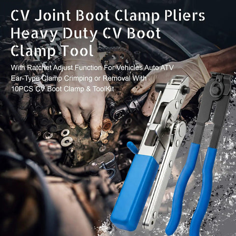 CV Joint Boot Clamp Pliers With Ratchet Adjust For Cars UTV ATV Repair, Heavy Duty Ear Type Clamp Crimping And Removal Tool, Telescopic ratchet pliers shown with blue handles