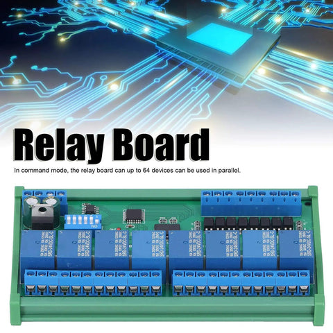 RS485 Relay Board 24V Industrial Relay Module With 8 Inputs And 8 Outputs DIN Rail PLC Expansion shown with digital network graphic