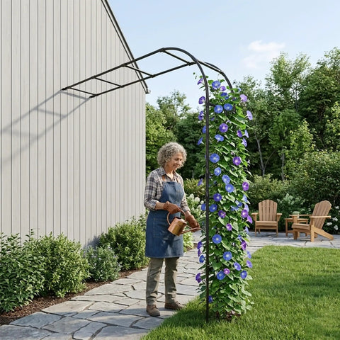 Half Garden Arch Trellis For Climbing Plants Outdoor, Wall Mounted Beefy Black Metal Arbor, 98.4 W x 94.8 H next to a walkway