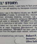 Close-up of product label detailing the story and use of TG1 Anti Corrosion And Anti Seize Lubricant For Marine Rigging And Sailboat Hardware.