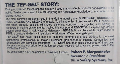 Text detailing Tef-Gel TG-.25 3cc Anti-Corrosion And Anti-Seize Pro-Grade Marine Lubricant benefits and marine use cases.
