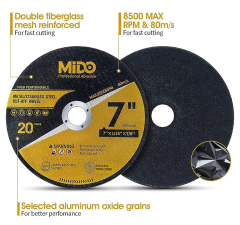 Heavy Duty 7 Inch Cut Off Wheels 20 Pack For Metal And Stainless Steel Fast Cutting Discs That Fit Any Angle Grinder, close-up view