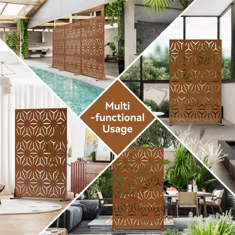 Sturdy Outdoor Privacy Screen With Stand 72 Inch Height By 44 Inch Width Brown Metal Fence Panels For Patio Balcony Garden.