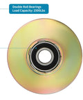 Heavy Duty 4 Inch V Groove Wheel With Double Bearings For Silky Smooth Gate Sliding Built Like A Rock With Zinc Galvanized Finish showing double roll bearings and load capacity.
