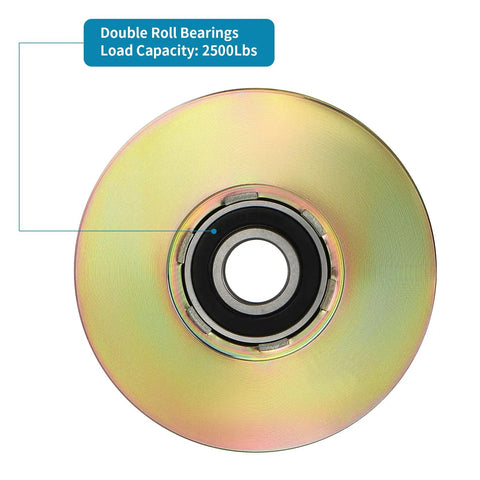 Heavy Duty 4 Inch V Groove Wheel With Double Bearings For Silky Smooth Gate Sliding Built Like A Rock With Zinc Galvanized Finish showing double roll bearings and load capacity.