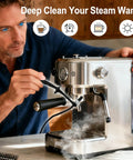 Barista cleaning espresso machine steam wand with Espresso Machine Steam Wand Cleaning Brush With 36 Inch Silicone Hose.