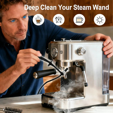Barista cleaning espresso machine steam wand with Espresso Machine Steam Wand Cleaning Brush With 36 Inch Silicone Hose.