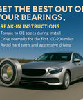 Car with oversized wheel bearing and break-in instructions text on a road. Product: Front Wheel Bearing Assembly WH500079 For 2015 2022 Ram ProMaster City OE Match Fit Durable Steel Construction Quiet Operation Pre Lubricated And Sealed Easy Install Beefed-Up Performance.