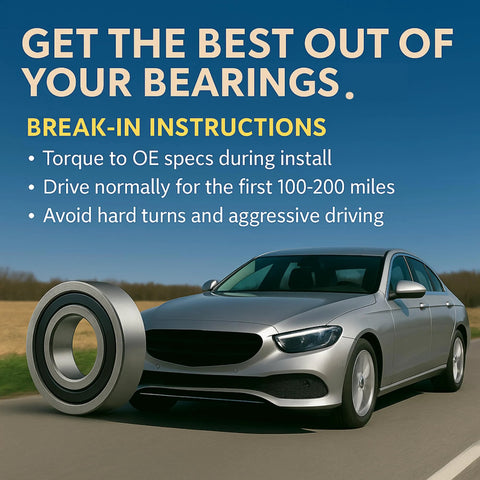 Car with oversized wheel bearing and break-in instructions text on a road. Product: Front Wheel Bearing Assembly WH500079 For 2015 2022 Ram ProMaster City OE Match Fit Durable Steel Construction Quiet Operation Pre Lubricated And Sealed Easy Install Beefed-Up Performance.