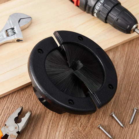 2 Pack 4 Inch Round Brush Grommet with split design on wood surface with tools and screws