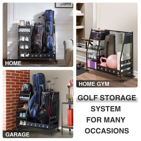Heavy Duty Golf Bag Organizer Rack For Garage Storage Fits Two Golf Bags And Clubs, Durable Steel Stand In Home And Garage