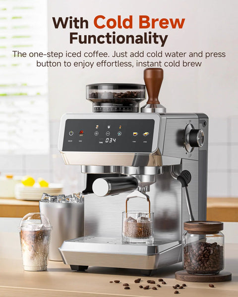 Espresso Machine With Built In Grinder And Milk Frother, 190-201F Temp Control, 44 Grind Settings, Silver Finish in kitchen
