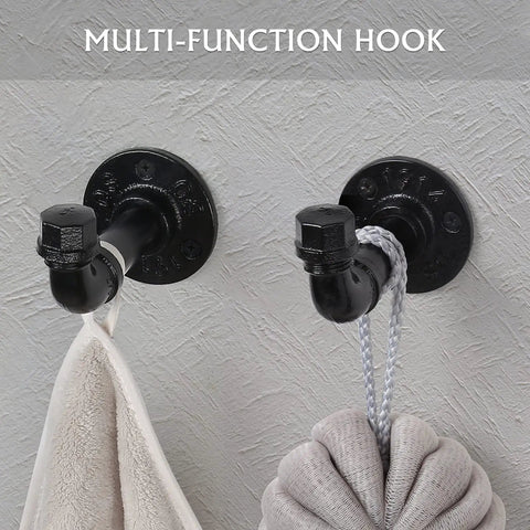 Industrial Pipe Bathroom Hardware Set Seven Piece Wall Mount Kit with multipurpose hooks for towels or robes.