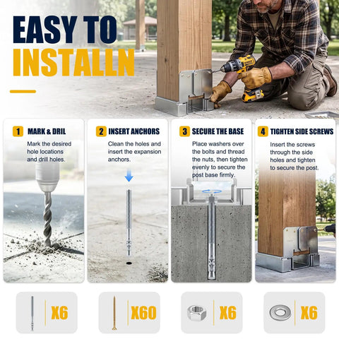 Heavy Duty 4x4 Post Base for Concrete Foundations, Galvanized Steel Outdoor Bracket Set of 6 installed on 4x4 wood post