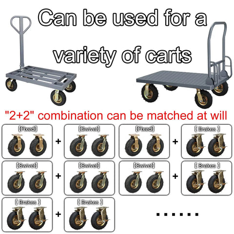 Heavy Duty Pneumatic Rubber Caster Set Featuring Smooth Swivel Brake Options rolls on 8 or 10 inch wheels with various cart combinations.