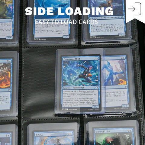 9 Pocket Top Loader Card Binder For Trading Cards shown with side-loading pockets and visible trading cards on display inside.