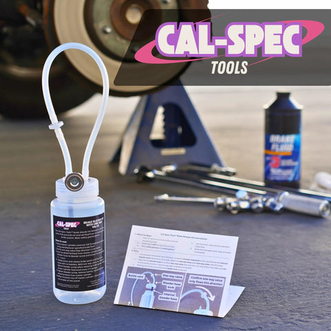Cal-Spec Tools brake bleeder kit, front view showing one-way valve, magnet mount, 16 oz catch bottle and 16" hose