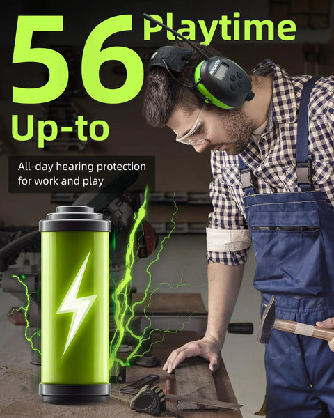 Man wearing Bluetooth 5.4 Hearing Protection Headphones With AM FM Radio, 25dB NRR Earmuffs, in workshop.