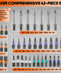 Close-up of 42 magnetized screwdriver bits from Forty Two In One Magnetic Screwdriver Set With Ratchet Handle And All Purpose Bits in grey.