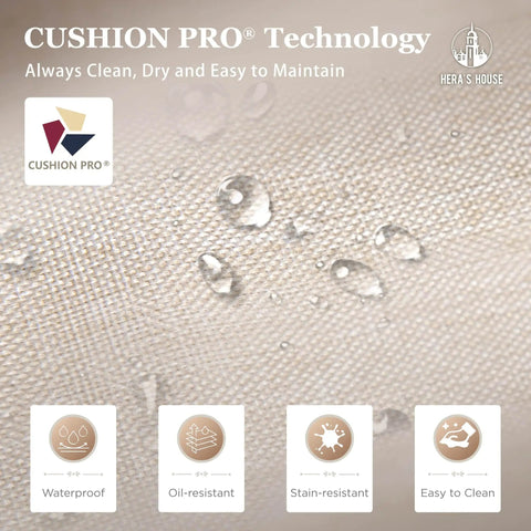 Cushion Pro technology fabric with waterproof, oil-resistant, stain-resistant, and easy to clean features shown.