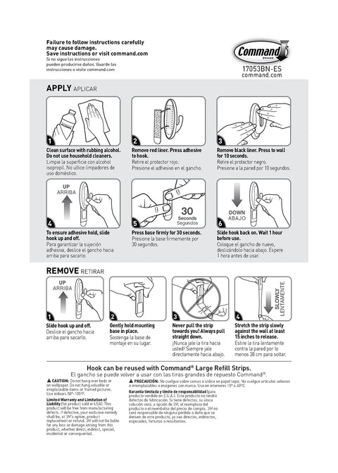 Instructions for Brushed Nickel Coat Hook 5 Lb With No Drill Adhesive Strips Damage Free Wall Mount Includes 1 Hook And 2 Strips