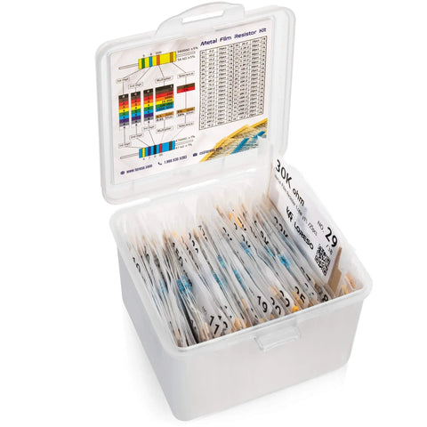 Open plastic box showing Massive 1200 Piece Resistor Assortment Kit With 38 Values, 1/4W 1% Metal Film Resistors, ROHS Compliant