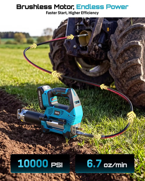 10000 PSI Electric Grease Gun With 3 Speed Control Cordless Battery Pack and LED Light on tractor field
