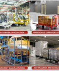 Four images showing industrial uses of Five Inch Heavy Duty Caster Wheels Set Of Four With Polyurethane Tread On Steel Wheel Half Inch Bore 1000 Lb Per Wheel 4000 Lb Total Load Replacement Caster Wheels For Industrial Carts in various settings, including automobile production, warehouse transportation, aircraft manufacturing, and AGV traction and handling.