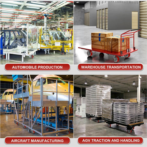 Four images showing industrial uses of Five Inch Heavy Duty Caster Wheels Set Of Four With Polyurethane Tread On Steel Wheel Half Inch Bore 1000 Lb Per Wheel 4000 Lb Total Load Replacement Caster Wheels For Industrial Carts in various settings, including automobile production, warehouse transportation, aircraft manufacturing, and AGV traction and handling.