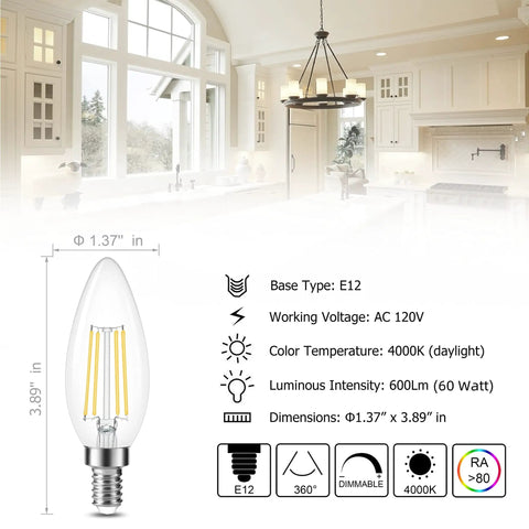 Dimmable E12 LED Candle Bulb 4000K Daylight For Chandeliers And Ceiling Fans, Vintage B11 Clear Glass with specifications, Type B.