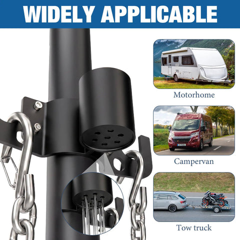 Aluminum Trailer Chain Holder Heavy Duty Towing Chain Organizer With 7 Way Plug Holder Cover for RVs, campers, and utility trailers.