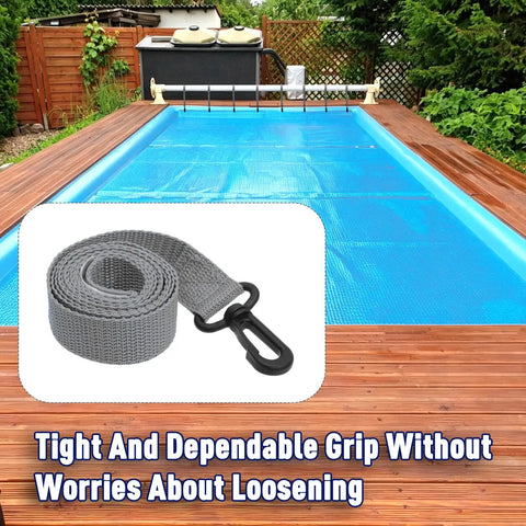 24 PC Upgraded Pool Solar Cover Reel Attachment Kit With Heavy Duty Serrated Clips. Durable gray strap shown near pool.