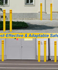 Built Like A Tank Heavy Duty Bollard Covers For Indoor Outdoor Use With Reflective Tape High Visibility Yellow Sleeves, installed in two locations.