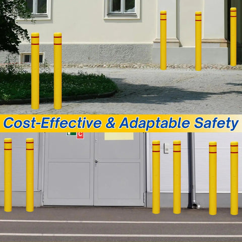 Built Like A Tank Heavy Duty Bollard Covers For Indoor Outdoor Use With Reflective Tape High Visibility Yellow Sleeves, installed in two locations.