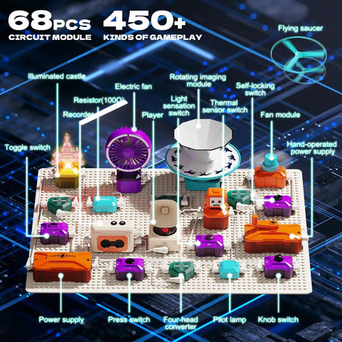 Kids Electric Circuit Kit With 68 Pieces For Electronics Exploration, 450 Plus Projects, various components displayed