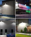 Four images of LED Wall Pack Light With Dusk To Dawn Photocell 120W on various building exteriors, showcasing outdoor security lighting.