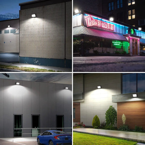 Four images of LED Wall Pack Light With Dusk To Dawn Photocell 120W on various building exteriors, showcasing outdoor security lighting.