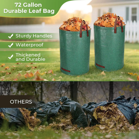 72 gallon durable leaf bags filled with autumn leaves in garden setting, sturdy waterproof construction shown.