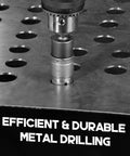 Front view of 7/8-inch carbide hole saw on a quick-change arbor in a drill chuck above a perforated metal worktable