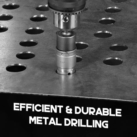 Front view of 7/8-inch carbide hole saw on a quick-change arbor in a drill chuck above a perforated metal worktable