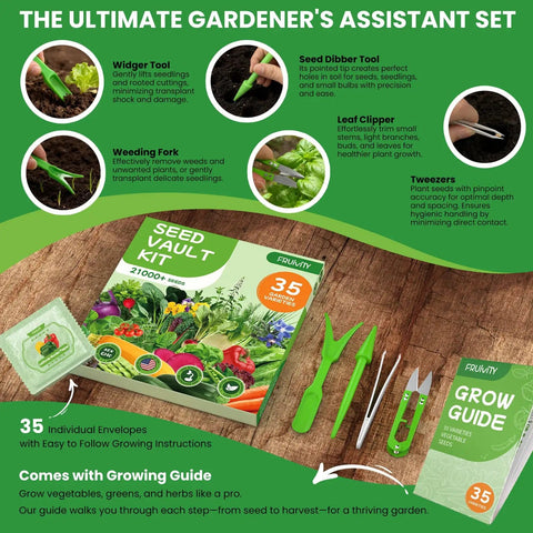 Massive 35 Variety Heirloom Seed Pack With Over 21,000 Non GMO Seeds For Home Gardeners Featuring Vegetables Fruits And Herbs display