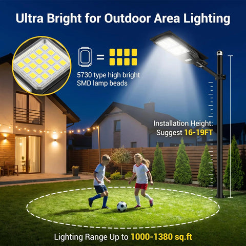 2 Pack Solar Street Light 180000 Lumens Outdoor LED Flood Light illuminating a yard with children playing, dusk setting, security lighting.