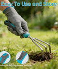 Close-up of garden tool from 10 Piece Heavy Duty Stainless Steel Garden Tool Set With Ergonomic Rubber Handles digging soil
