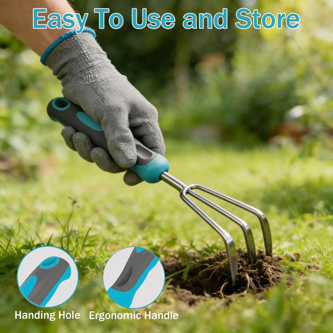 Close-up of garden tool from 10 Piece Heavy Duty Stainless Steel Garden Tool Set With Ergonomic Rubber Handles digging soil