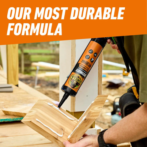 Ultimate Heavy Duty Construction Adhesive 9 Oz Cartridge White 100 Percent Waterproof Instant Grab Paintable Indoor And Outdoor Use For Demanding Repairs applied to wood joint