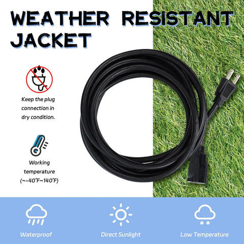 Heavy Duty Outdoor Extension Cord Waterproof 10 Feet Black 3 Prong Grounded Plug 16 Awg 13 Amp Weather Proof Power Cable For Lawn Yard Tools Lamps And Home Appliances Built Like A Tank laid out on grass.